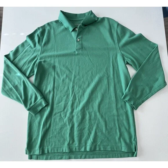 LL Bean Long Sleeve Traditional Fit Polo Sz Large TALL Green Cotton Golf Casual - Picture 1 of 6